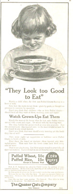 1914 QUAKER OATS Puffed Wheat Rice girl with cereal bowl antique ART PRINT AD