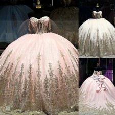 Light Pink Ball Gown Quinceanera Dress with Gold Sequins Birthday Gowns Sweet 15