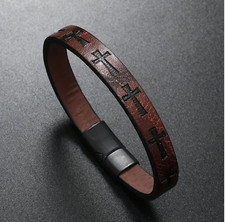 Men's Retro PU Leather Cross Bracelet-Magnetic Buckle, Coffee, Perfect Gift