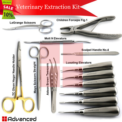 MEDENTRA Set Of 13 Veterinary Dental Extraction Instruments Kit Forceps Luxation