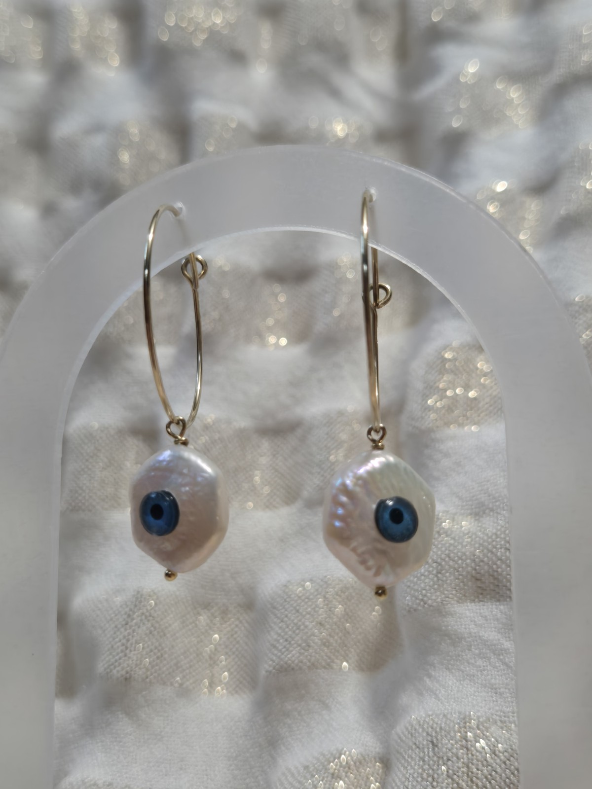 Evil Eye Earrings Silver Tone Marked 925 Hoop Dangle White Pearl & Blue