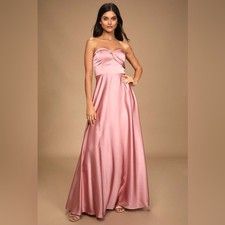 New Lulus Real Romantic Light Rose Satin Strapless Maxi Dress Size S