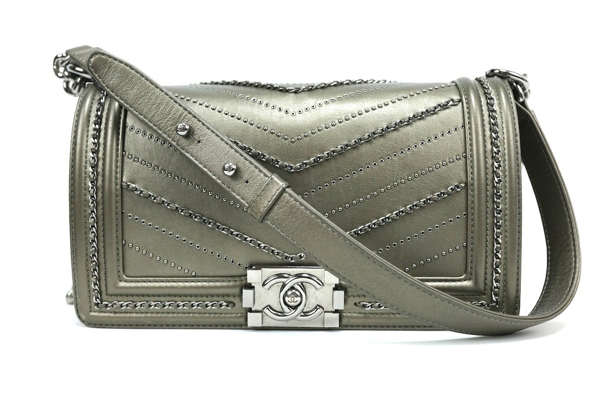 CHANEL Boy Flap Bag in Gray Silver Calfskin with Chain Shoulder Strap