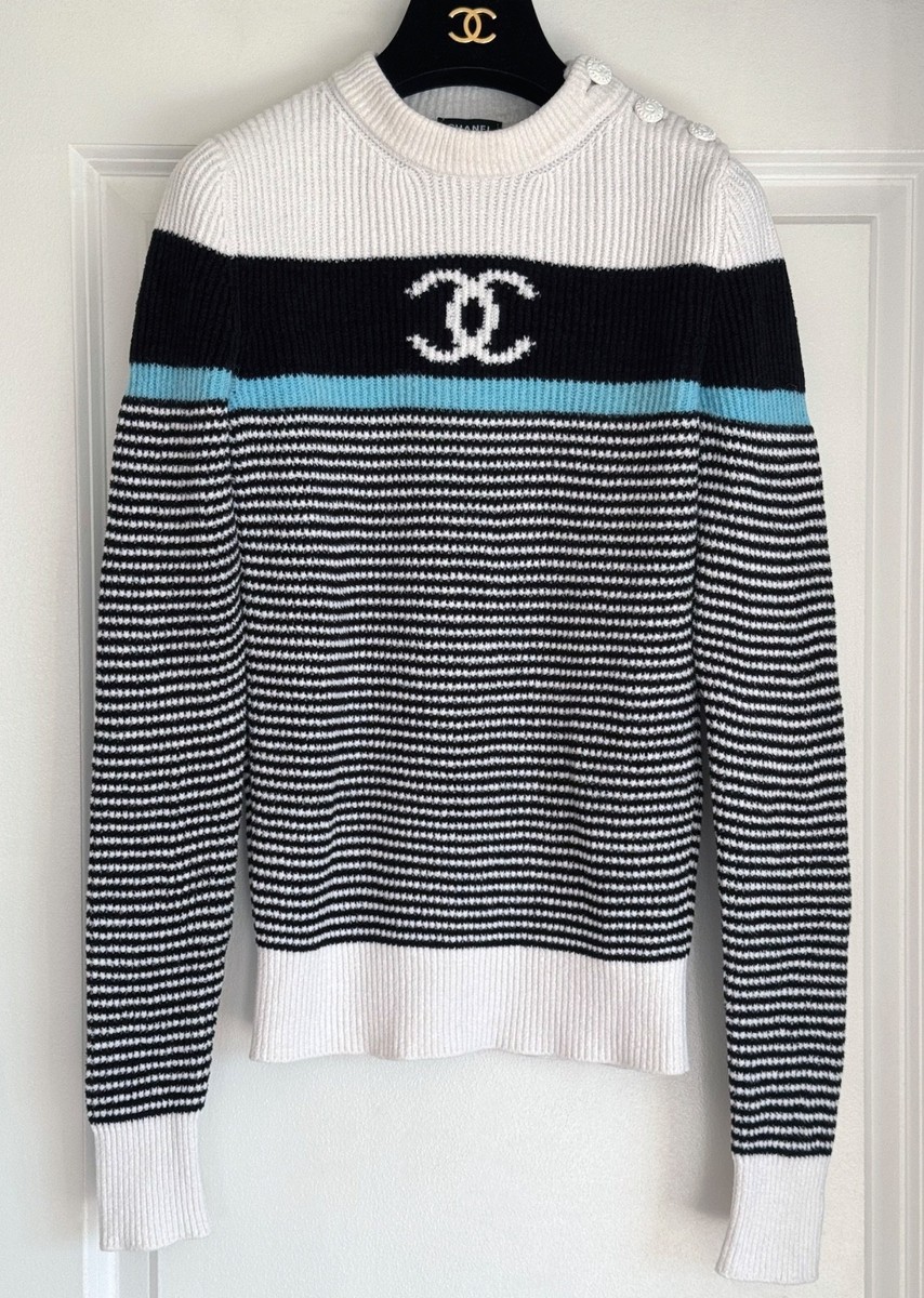 CHANEL トレーナー 22B CHANEL BLACK TURQUOISE WHITE STRIPED CC PULLOVER SWEATER 34 | eBay