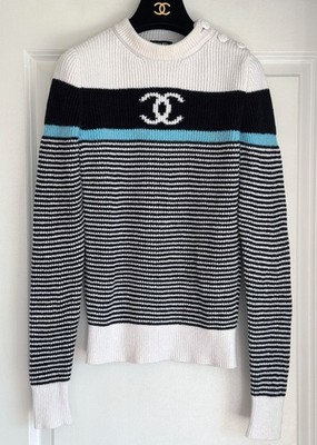22B CHANEL BLACK TURQUOISE WHITE STRIPED CC PULLOVER SWEATER 34 | eBay