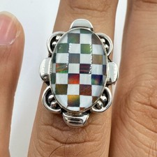 Aurora opal Checkered Ring, 925 Sterling Silver Ring, Minimalist Handmade Ring