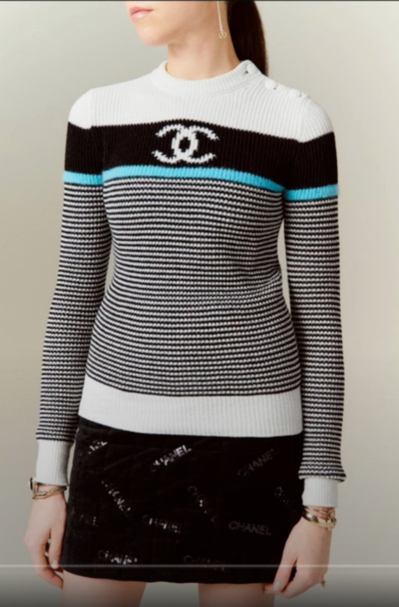 22B CHANEL BLACK TURQUOISE WHITE STRIPED CC PULLOVER SWEATER 34 | eBay