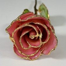 Gold Tone Pink Forever Rose Stem Resin Petals Green Leaves Romantic Gift Decor