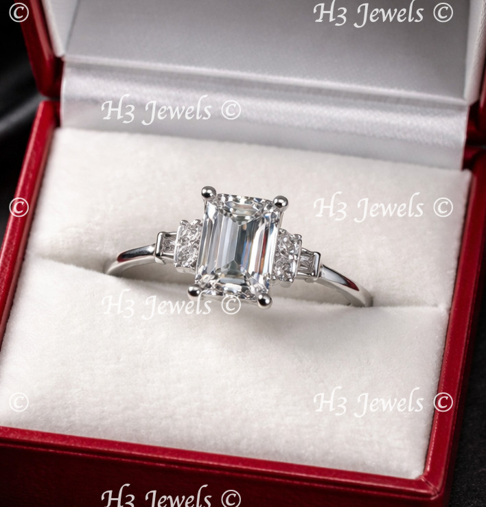 14k Solid White Gold Lab Grown Diamond  ring  Emerald Cut Diamond  3.42 ct IGI