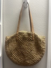 Summer Rattan Woven Tote/Beach Bag, Faux Leather Handles, Fully Lined, Zip Close