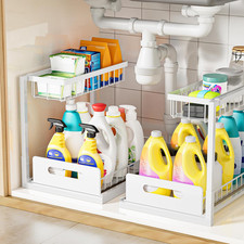 2-Tier Under Sink Organizer Set, Pull-Out Storage for Kitchen Bathroom, White
