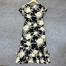 Iolani Dress Womens Small Black Cream Floral Hawaiian Ruffle Hem Midi Rayon