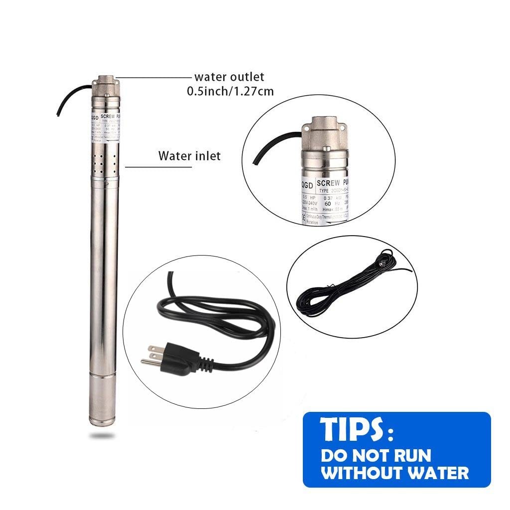 2Inch Stainless Steel Screw Well Pump 220V/60Hz Deep Well Pump 0.5Hp 164ft Wa...