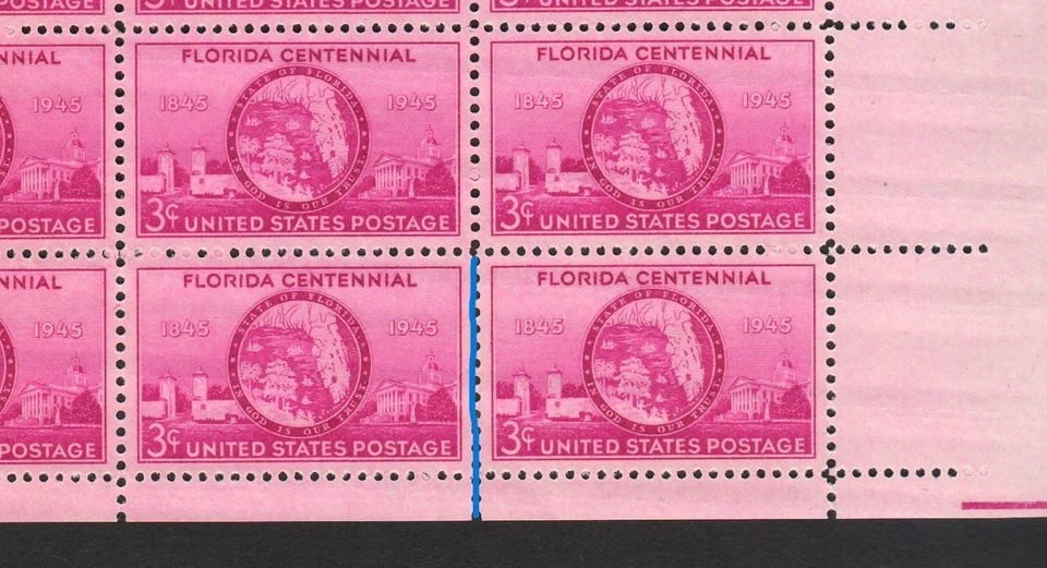 USA #927 - 1945 Full Sheet of 50 Stamps Pl 23237 "Florida Centennial" 3¢ VF MNH* - Image 3 of 4