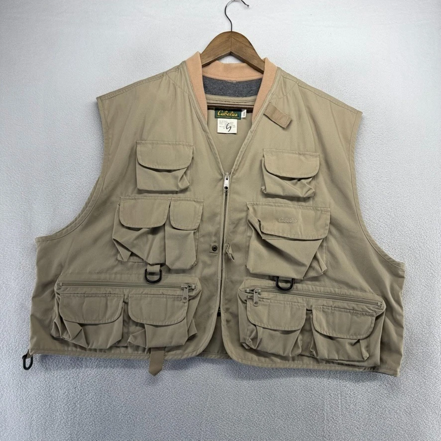 Cabelas Vest Men's 2XL Beige Photographers Hunting Fishing Zip Pockets Outdoor