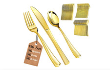 Gold Plastic Cutlery Set 150 Party Pack 50 Spoons, 50 Forks, 50 Knives Reusable