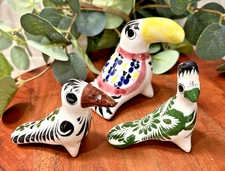 Vintage Tonala Bird Lot Set/3 Figurine Floral Handmade Mexican Folk Art Pottery