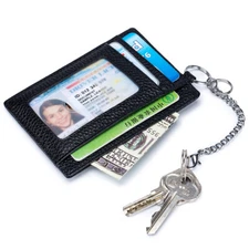 Black RFID Blocking Leather Ultra Thin Coin Purse With Key Chain Card Holder US
