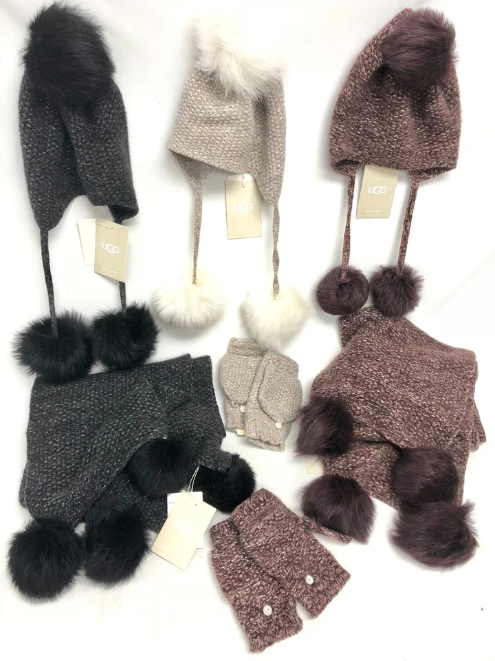 Chapéu de cashmere Ugg Australia Tri Pom quatro pom cachecol de cashmere luvas flip feminino - Imagem 4 de 4