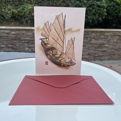 Papyrus Greeting Card - Japanese Cuisine Art  Sushi Boat Sheharzad Arshad