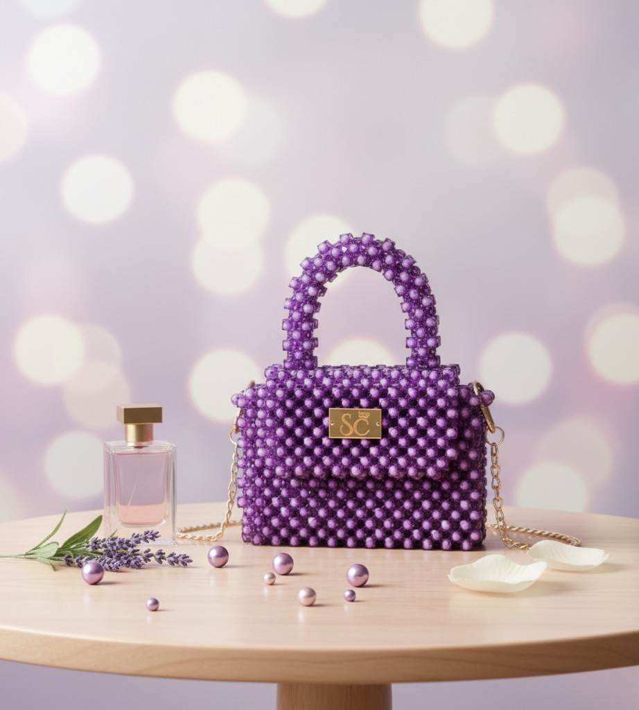 Bolso Perla Morado Hecho a Mano - Monedero con Asa Superior con Cadena Dorada - Bolso de Noche