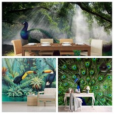 3D Peacock Parrot Forest Self-adhesive Wallpaper Removable Wallpaper Wall Mural