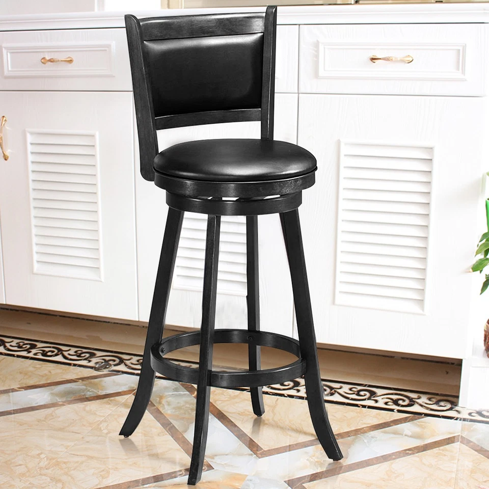Set of 2 29" Swivel Bar Height Stool Solid Wood Dining Chair Black - Image 4 of 4