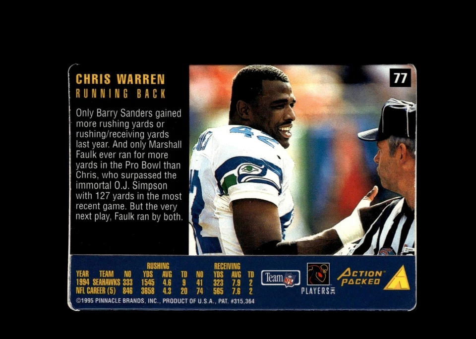 Chris Warren 1995 Action Packed Rookies & Stars Football #77 Seattle Seahawks - Image 2 of 2