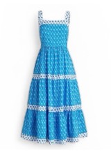 J. Crew Block Print Squareneck Tiered Mini Dress Size 4 Blue Floral Smocked