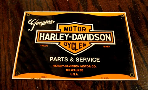 VINTAGE 12” HARLEY DAVIDSON MOTORCYCLE PORCELAIN ENAMEL PARTS SERVICE SIGN