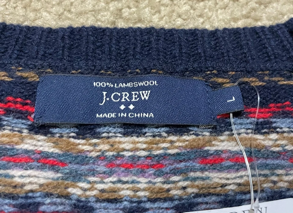 J.CREW Fair Isle Sweater Men's Large Blue Brown Lambs Wool Crew Neck Nordic NWT - Image 4 of 4
