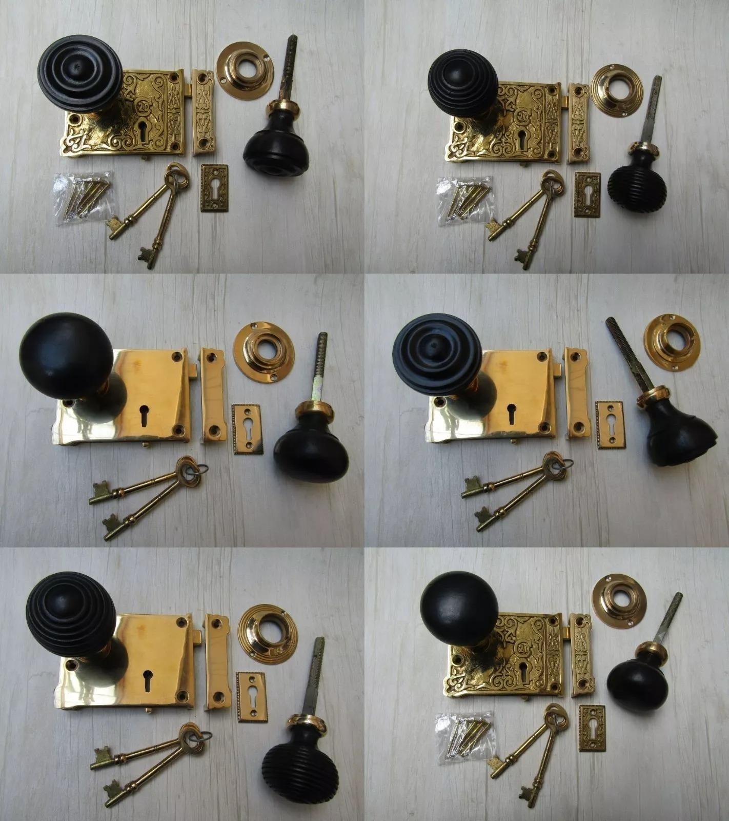 Vintage door rim lock knob set Door handles rustic Victorian Brass ornate