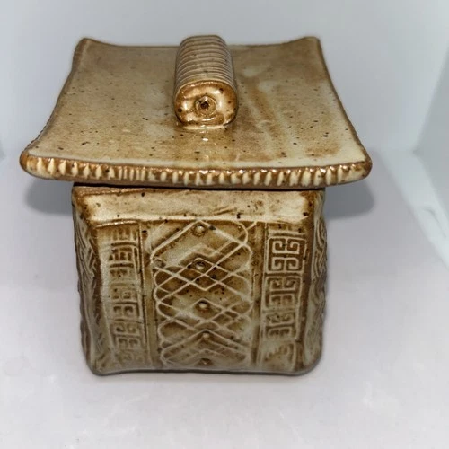 Frankoma Mayan Aztec Desert Gold Lidded Footed Pottery Box “Vintage”