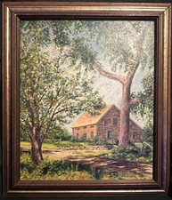 Vintage American Impressionist Landscape Oil Painting Trees House Artist Signed