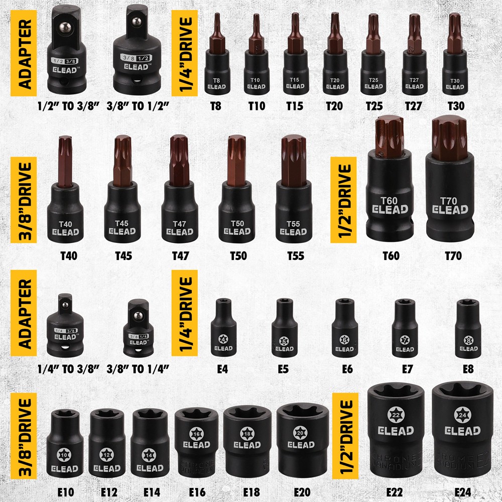 32PC Torx Bit Socket Set T8-T70 & E-Torx E4-E24 Work Glove S2 Alloy ...