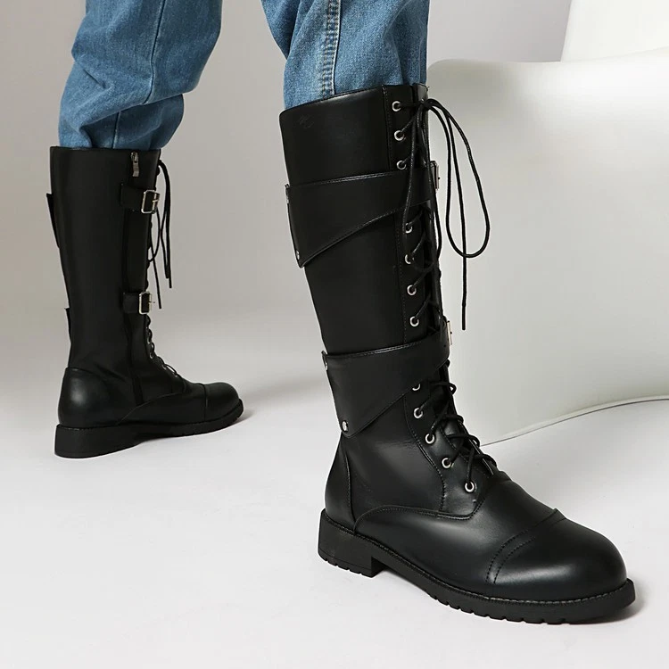 Botas masculinas com fivela e cadarço altura do joelho botas de cavaleiro equitação motocicleta zíper faroeste - Imagem 2 de 4
