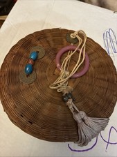 Vintage Antique Chinese Woven Sewing Basket With Beads, Tassels Brown Ring