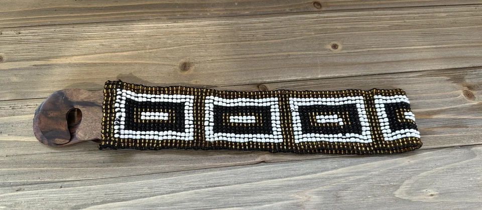 Dian BOHO Beaded Stretch Belt 2" Wide Aztec Wood Clasp - Image 2 of 4