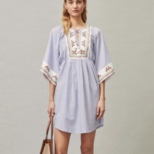 TORY BURCH Beach Dress, Size L, Stripe Tunic Coverup Cotton Floral Kaftan