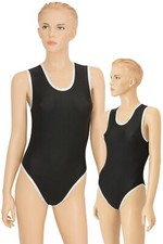 Ladies bodysuit leotard black white sleeveless black and white stretch shiny leotard