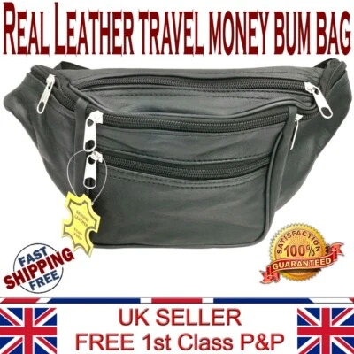 LTG PRO Black Leather Hip Waist Bum Bag Belt Purse 4 Pockets Bags Sports Holiday Travel