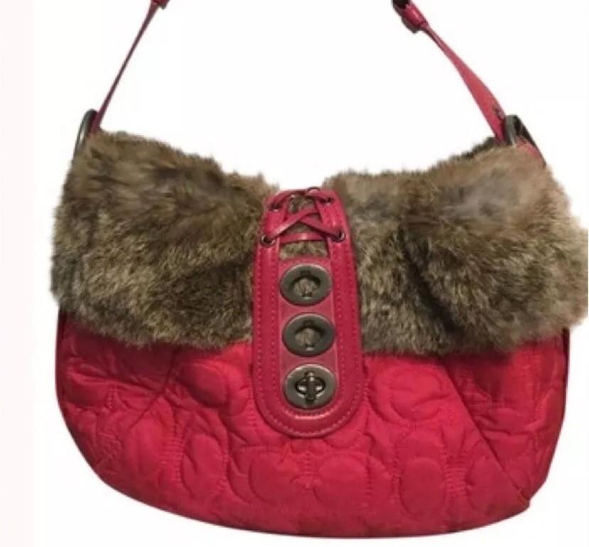 Coach Quilted And Rabbit Fur Signature Purse Gem