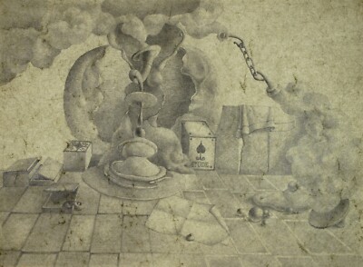 Friedrich Gross (*1939) surrealistische Bleistiftzeichnung ETUDE datiert 1969
