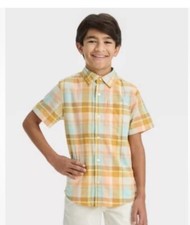 Cat Jack Boys Size L 10-12 Plaid short Sleeve Poplin Button Down Shirt NWT