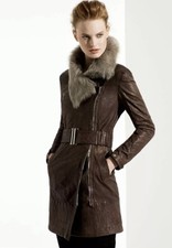 Karen Millen Brown Leather Aviator Long Jacket Coat 14. Fur Trim. Vintage