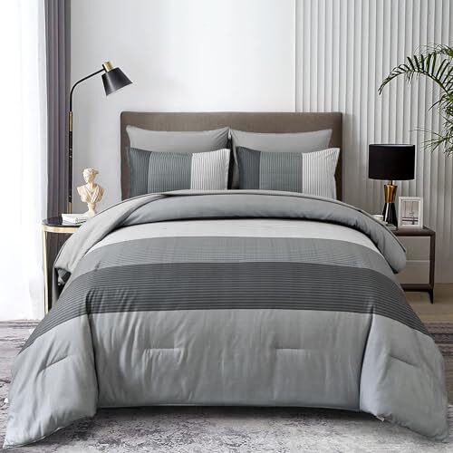 Comforter Set 7 Pieces, Ombre Striped Bed in a Bag with Sheet Sheet, Queen Grey-image