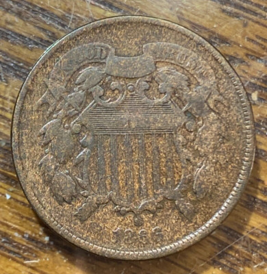 1866 2 Cent Piece Nice Original Fine Neat Woodgrain Toning CHRC
