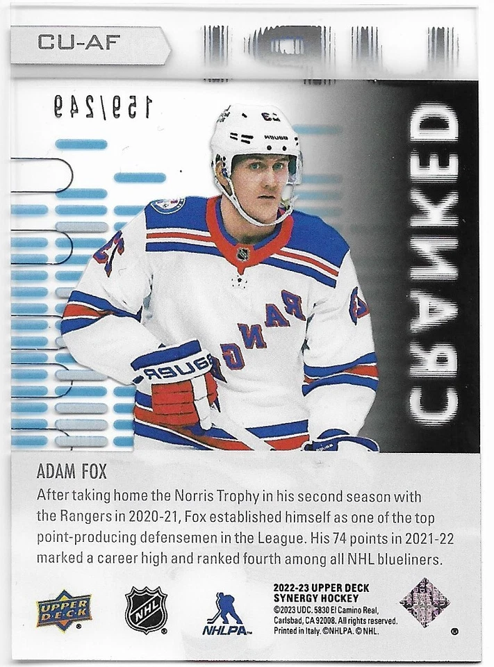 2022-23 Upper Deck Synergy ADAM FOX #CU-AF Cranked Up 159/249 Blue - Image 2 of 2