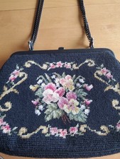 Vintage Black Handbag Embellished With Floral Needlepoint