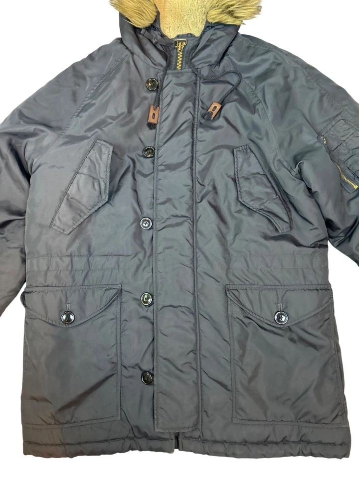 J. Crew Military Style Winter Parka Sherpa Snorkel Hood Faux Fur Trim Navy Blue - Image 4 of 4